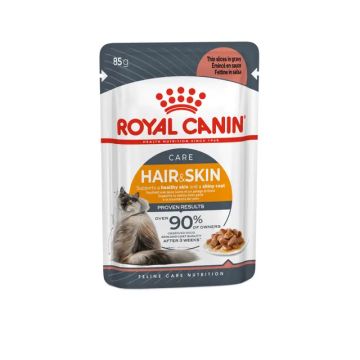 Royal Canin  HAIR & SKIN IN GRAVY 85G - Пълноценна мокра храна за котки над 12 месеца за подпомагане здравата кожа и бляскава козина