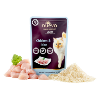 Nuevo пауч 85g LIGHT пиле с ориз - Пълноценна храна за израснали котки с наднормано тегло или в напреднала възраст 