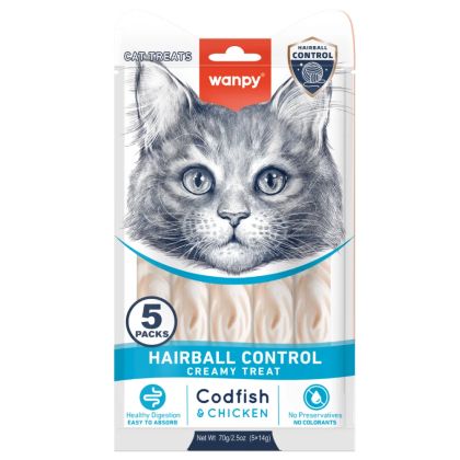 Wanpy Cat Hairball кремообразно лакомство срещу топки косми, 5х14 г