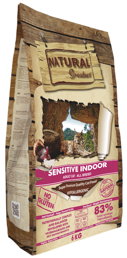 NATURAL Greatness Sensitive Indoor 600g - храна подходяща за кастрирани котки, с наднормено тегло или гледани вкъщи, с 83% месо