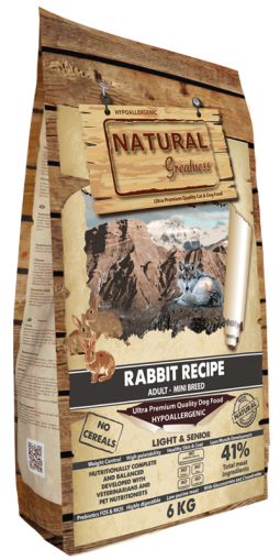  Natural greatness rabbit sensitive adult mini senior and light – суха храна за кучета от мини породи със заешко за израснали, възрастни и склонни към напълняване