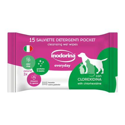 Inodorina Refresh 15бр - мокри кърпички за почистване на куче или котка Хлорхексидин