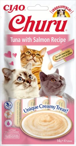 Inaba - Churu Puree - Лакомство за котки нежен крем с риба тон и сьомга 4 бр в опаковка х 14гр