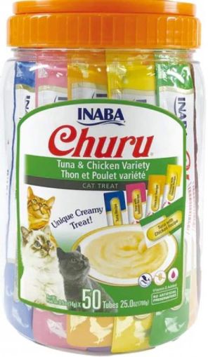 Inaba - Churu Puree - лакомства за котки нежен крем микс, Буркан 50 бр. за котки - 5 вкуса x 10 бр.