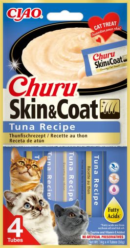 Inaba - Churu Skin and Coat with Tuna - Кремообразно лакомство за котка за кожа и козина с риба тон, 4 бр