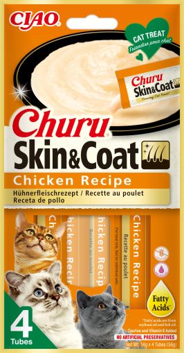 Inaba - Churu Skin and Coat with Chicken - Кремообразно лакомство за котка за кожа и козина с пиле, 4 бр