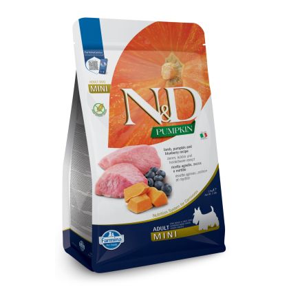 N&D PUMPKIN LAMB&BLUEBERRY ADULT MINI - пълноценна храна с тиква за кучета в зряла възраст над 1г. от дребни породи с агне и боровинки