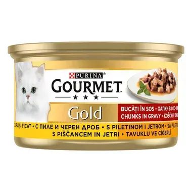 Gourmet Gold хапки в сос пилешко филе и черен дроб 85g 