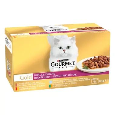 Gourmet Gold 4х 85g двойно удоволсвие - говеждо, пиле, патица, пуйка, риба, заек и дроб