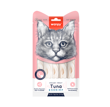 Wanpy Cat кремообразно лакомство за котки с риба тон и скариди 5 х 14 г