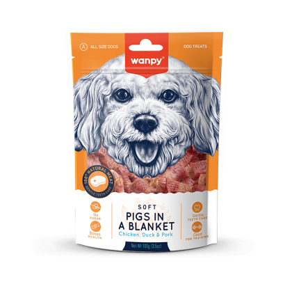 Wanpy Pigs - лакомства за кучета, сармички с пилешко, патешко и свинско, 100 г