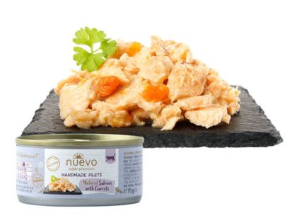 Nuevo 70g Филета сьомга с моркови в собствен сос - Пълноценна и балансирана храна за възрастни котки над 1 година