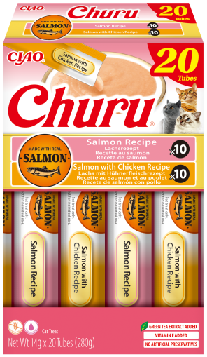 INABA Churu Salmon & Chicken Variety – кремообразни лакомства за котки със сьомга и пиле 20 x 14гр