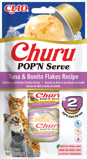 Inaba Churu POP’N SERVE Tuna & Bonito Flakes Recipe – меко желе лакомство за котки с риба тон и люспи от паламуд 2 x 35гр