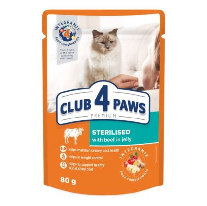 CLUB 4 PAWS POUCH STERILISED 80g – пауч за кастрирани котки с говеждо в желе