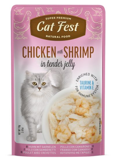 Cat Fest Adult пауч за котки с парченца Пиле и скариди в крехко желе 70гр 