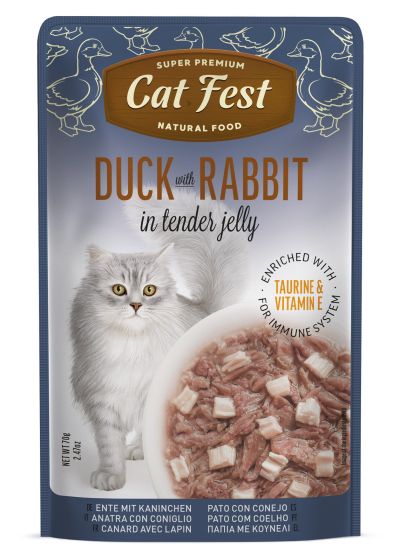 Cat Fest Adult пауч за котки с Патица и заек в крехко желе 70гр
