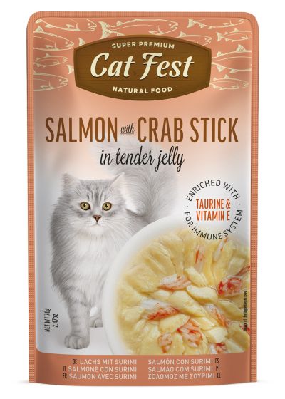 Cat Fest Adult пауч за котки с прясна сьомга и рулца от раци в крехко желе 70гр