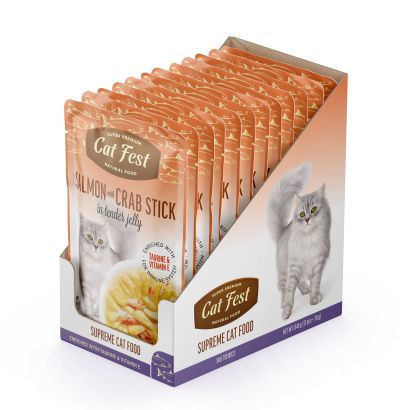 Cat Fest Adult пауч за котки с прясна сьомга и рулца от раци в крехко желе 70гр