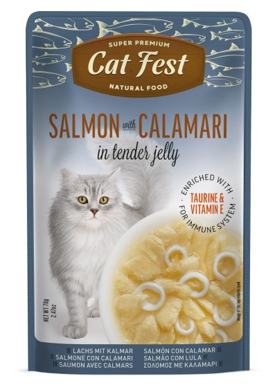 Cat Fest Adult пауч за котки със Сьомга на пара и калмари в крехко филе 70гр