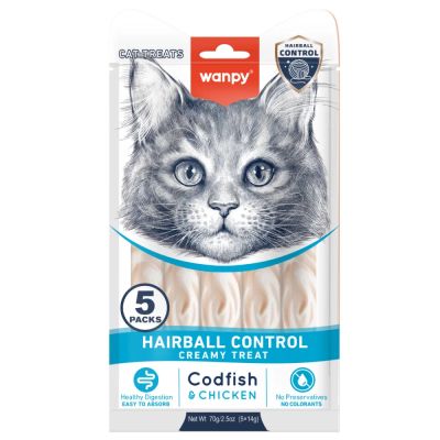 Wanpy Cat Hairball кремообразно лакомство срещу топки косми, 5х14 г