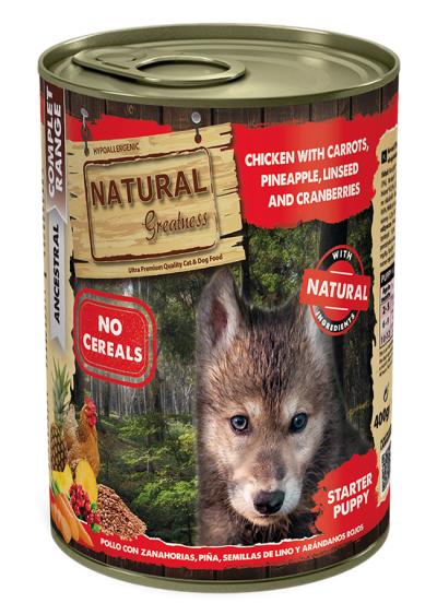 Natural Greatness Puppy - Консерва за малки кучета с Пиле моркови, ананас, ленено семе и боровинки 400 гр