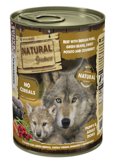 NATURAL Greatness Puppy beef with iberian pork - консерва за подрастващи кучета с телешко и свинско с бобчета, сладки картофи и боровинки 400гр