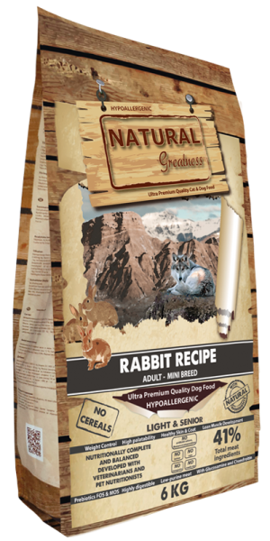  Natural greatness rabbit sensitive adult mini senior and light – суха храна за кучета от мини породи със заешко за израснали, възрастни и склонни към напълняване