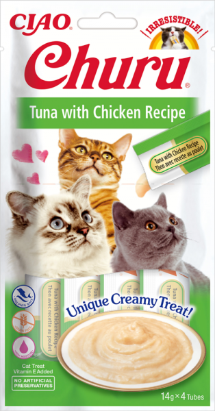 Inaba Churu Puree - Лакомство за котки с нежен крем с риба тон и пиле 4бр в опаковка х 14гр