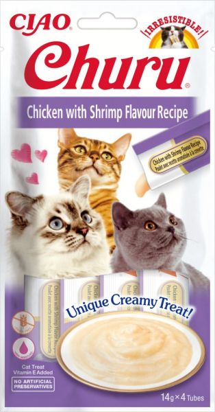 Inaba - Churu Puree - Лакомство за котки нежен крем с пиле и скариди 4 бр в опаковка х 14гр