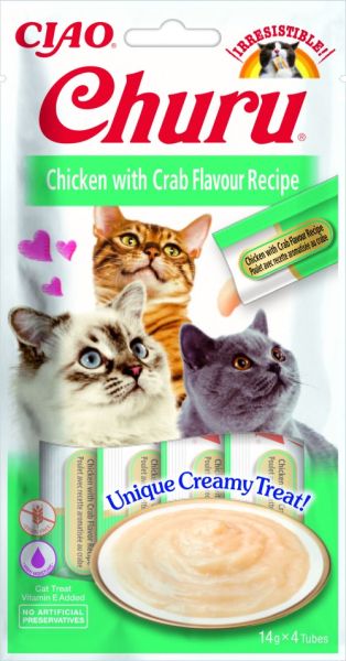 Inaba - Churu Puree - Лакомство за котки нежен крем с пиле и раци 4 бр в опаковка х 14гр