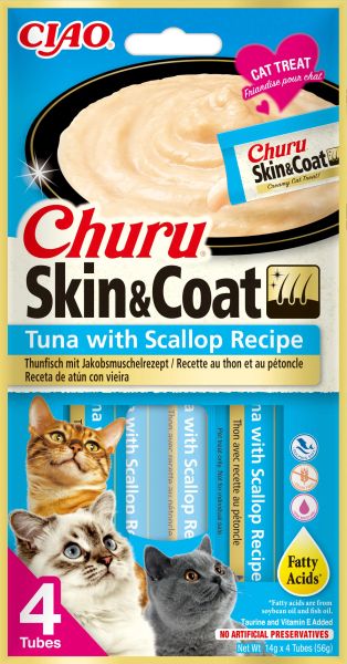 Inaba - Churu Skin and Coat with Tuna and Scallop - Кремообразно лакомство за котка за кожа и козина с риба тон и миди, 4 бр