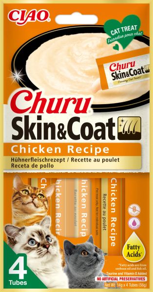Inaba - Churu Skin and Coat with Chicken - Кремообразно лакомство за котка за кожа и козина с пиле, 4 бр