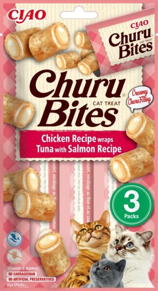 Inaba Churu Bites Chicken Recipe wraps Tuna with Salmon - Лакомство за котка пилешко руло с крем от тон и сьомга 3 бр