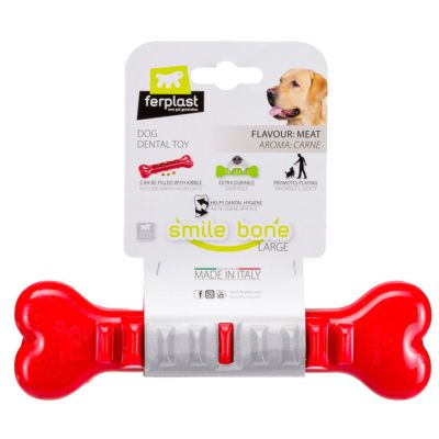 Ferplast SMILE BONE L - Зъбна играчка за кучета, кост, пълнима с гранули червен