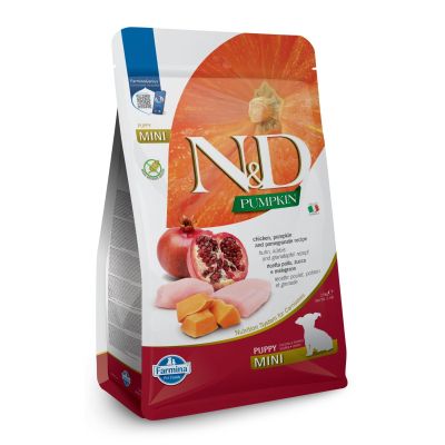 N&D PUMPKIN DOG CHICKEN & POMEGRANATE PUPPY MINI – пълноценна храна с тиква за подрастващи кучета от дребни породи с пиле и нар