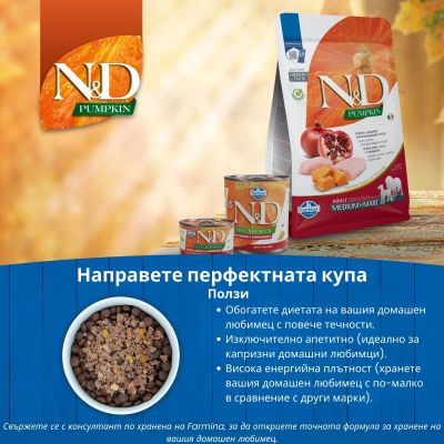 N&D PUMPKIN DOG CHICKEN & POMEGRANATE PUPPY MINI – пълноценна храна с тиква за подрастващи кучета от дребни породи с пиле и нар