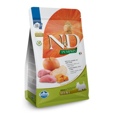 N&D PUMPKIN BOAR&APPLE ADULT MINI  - пълноценна храна с тиква за кучета в зряла възраст над 1г. от дребни породи с глиганско и ябълка