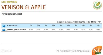 N&D CAT PUMPKIN VENISON § APPLE ADULT – пълноценна храна с тиква за котки над 1 година, с еленово месои ябълки