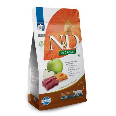 N&D CAT PUMPKIN VENISON § APPLE ADULT – пълноценна храна с тиква за котки над 1 година, с еленово месои ябълки