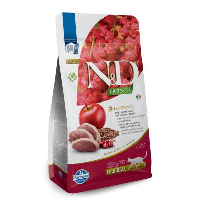 N&D QUINOA CAT HAIRBALL ADULT - пълноценна храна с киноа за котки над 1г. срещу образуването на космени топки, с патешко и червени боровинки 