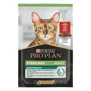 PURINA® PRO PLAN® STERILISED, 85гр пауч за кастрирани котки в зряла възраст, с говеждо