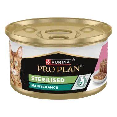 PURINA ® PRO PLAN ® STERILISED, 85гр за кастрирани котки в зряла възраст, с високо съдържание на риба тон и сьомга