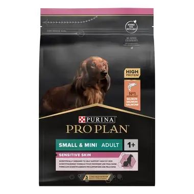PURINA® PRO PLAN® Dog Small & Mini Adult SENSITIVE SKIN за кучета в зряла възраст от дребни и мини породи с чувствителна кожа, суха храна, с високо съдържание на сьомга