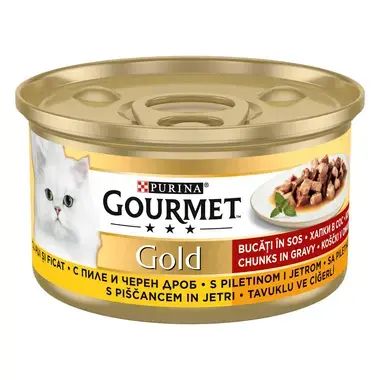 Gourmet Gold хапки в сос пилешко филе и черен дроб 85g 
