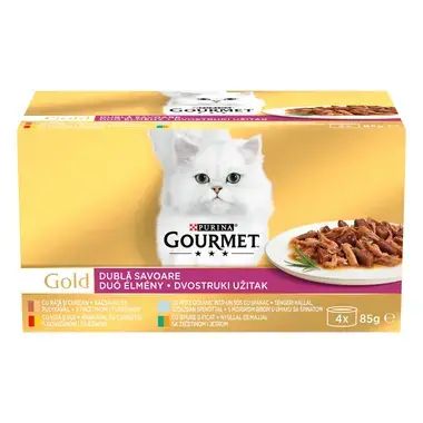 Gourmet Gold 4х 85g двойно удоволсвие - говеждо, пиле, патица, пуйка, риба, заек и дроб