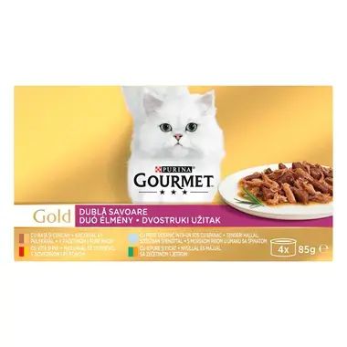 Gourmet Gold 4х 85g двойно удоволсвие - говеждо, пиле, патица, пуйка, риба, заек и дроб