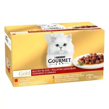 Gourmet Gold 4х 85g хапки в сос - говеждо, пиле, сьомга, патица, пуйка, дроб