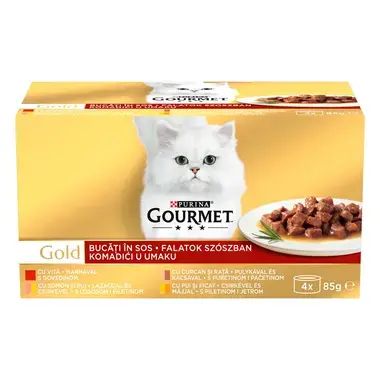Gourmet Gold 4х 85g хапки в сос - говеждо, пиле, сьомга, патица, пуйка, дроб