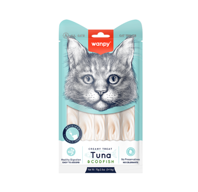 Wanpy Cat кремообразно лакомство за котки с риба тон и треска 5 х 14 г
